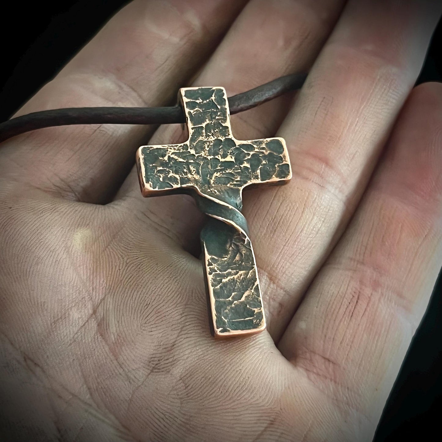 Copper Hammered Twist CROSS PENDANT. Made in America. Hand forged in Montana.