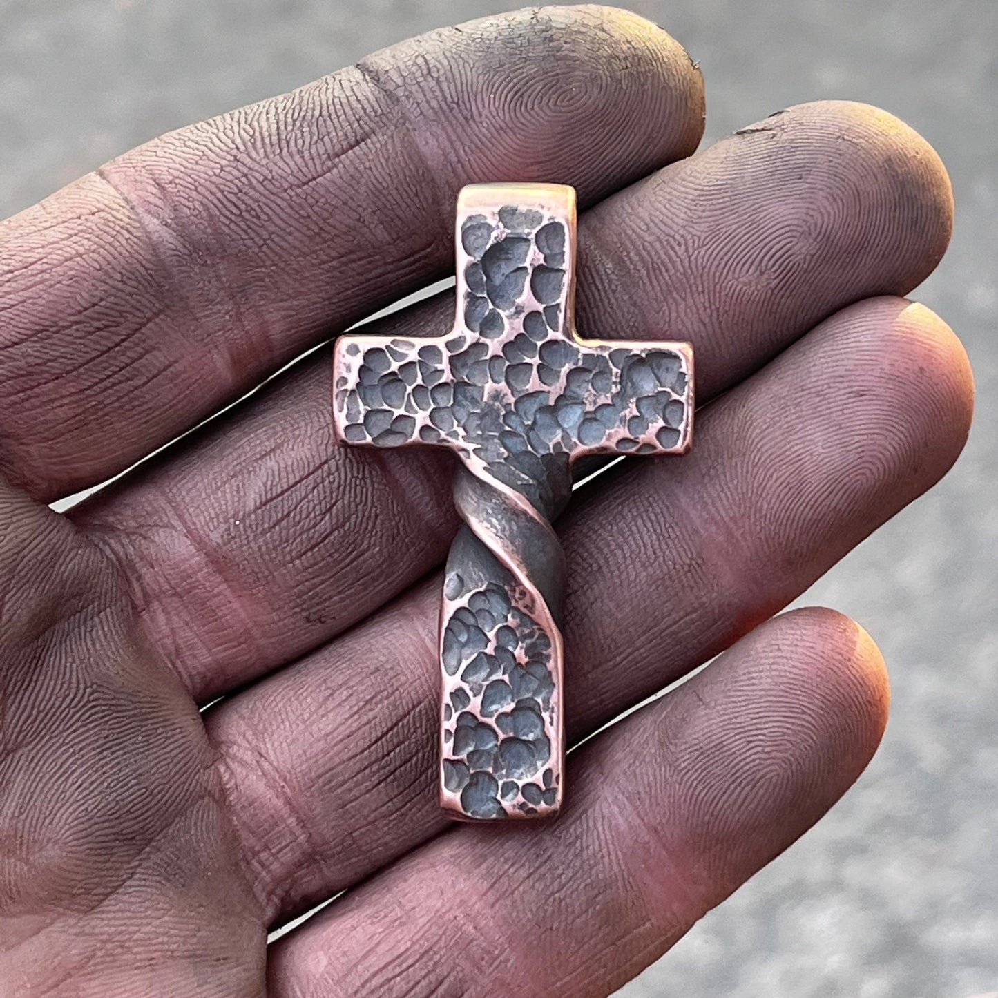 Copper Hammered Twist CROSS PENDANT. Made in America. Hand forged in Montana.