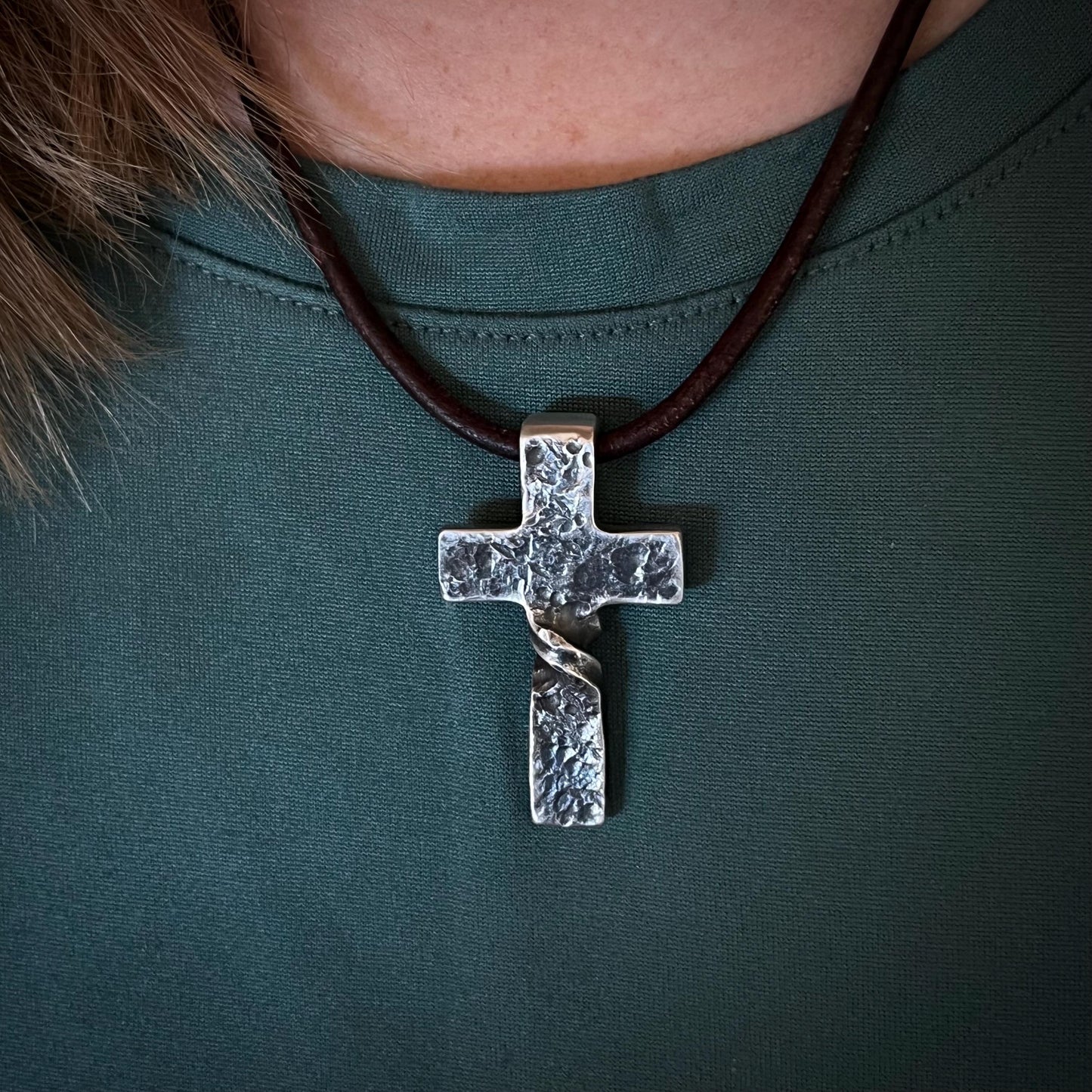 999+ Pure Silver Twist CROSS PENDANT Hammered Finish. Made in America. hand forged in Montana.