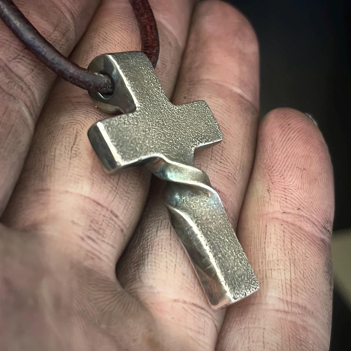 999+ Pure Silver Twisted CROSS PENDANT, Rugged Finish. Made in America. hand forged in Montana.