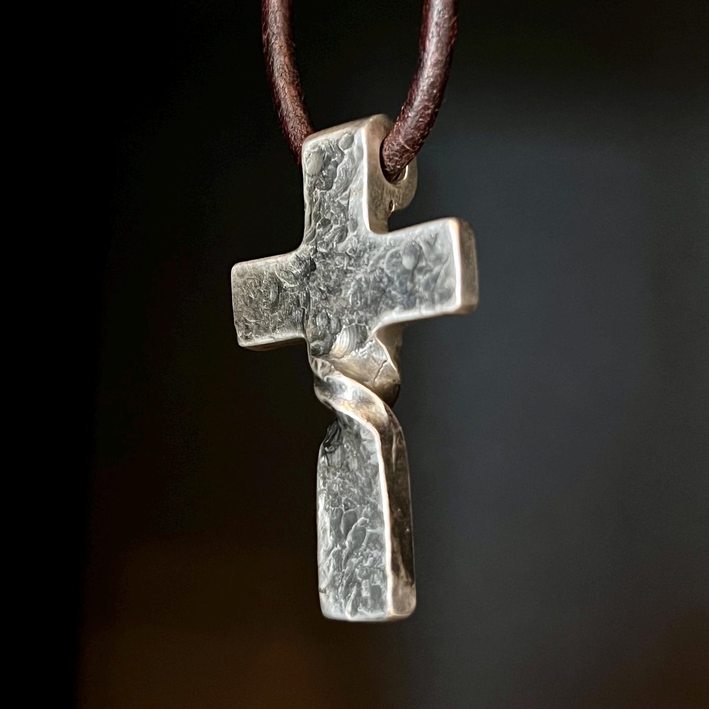 999+ Pure Silver Twist CROSS PENDANT Hammered Finish. Made in America. hand forged in Montana.