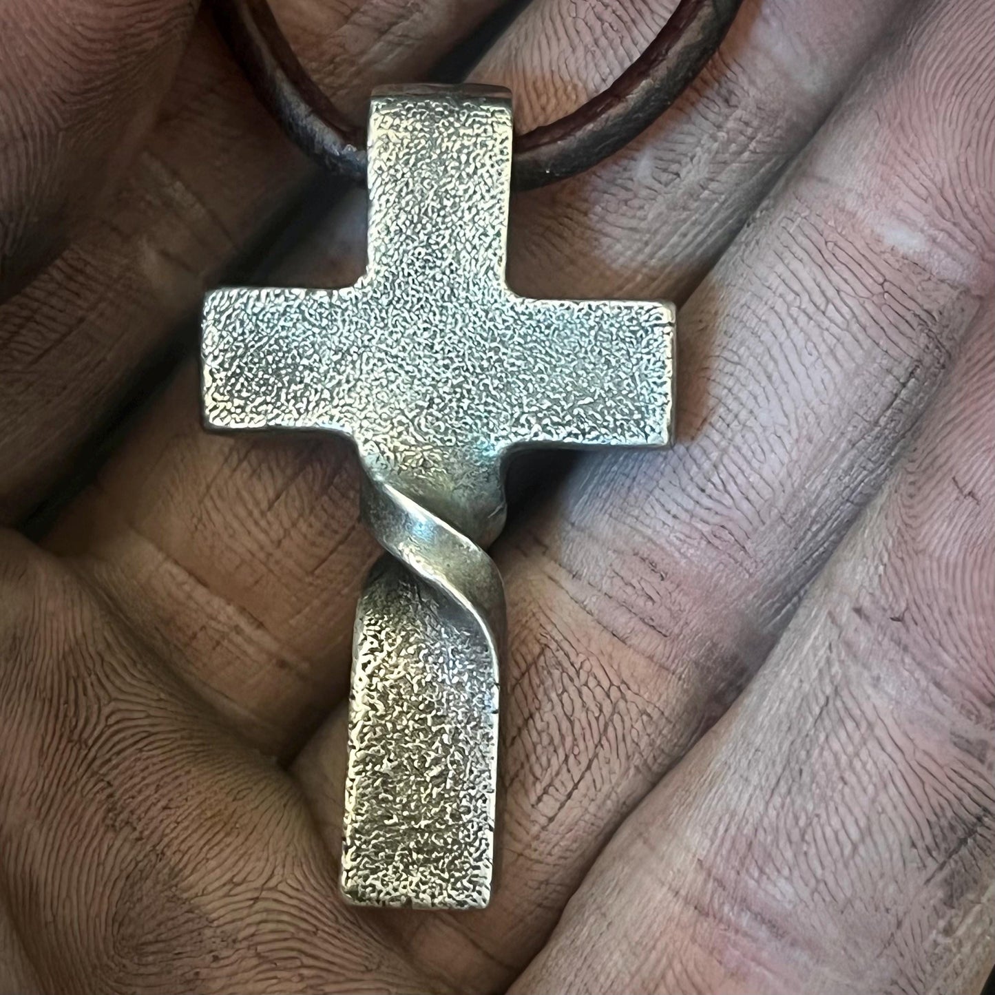 999+ Pure Silver Twisted CROSS PENDANT, Rugged Finish. Made in America. hand forged in Montana.