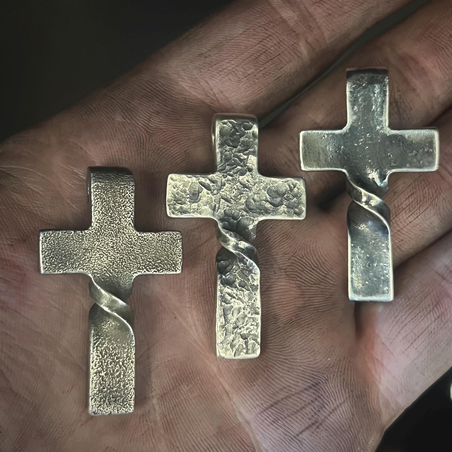 999+ Pure Silver Twisted CROSS PENDANT, Rugged Finish. Made in America. hand forged in Montana.