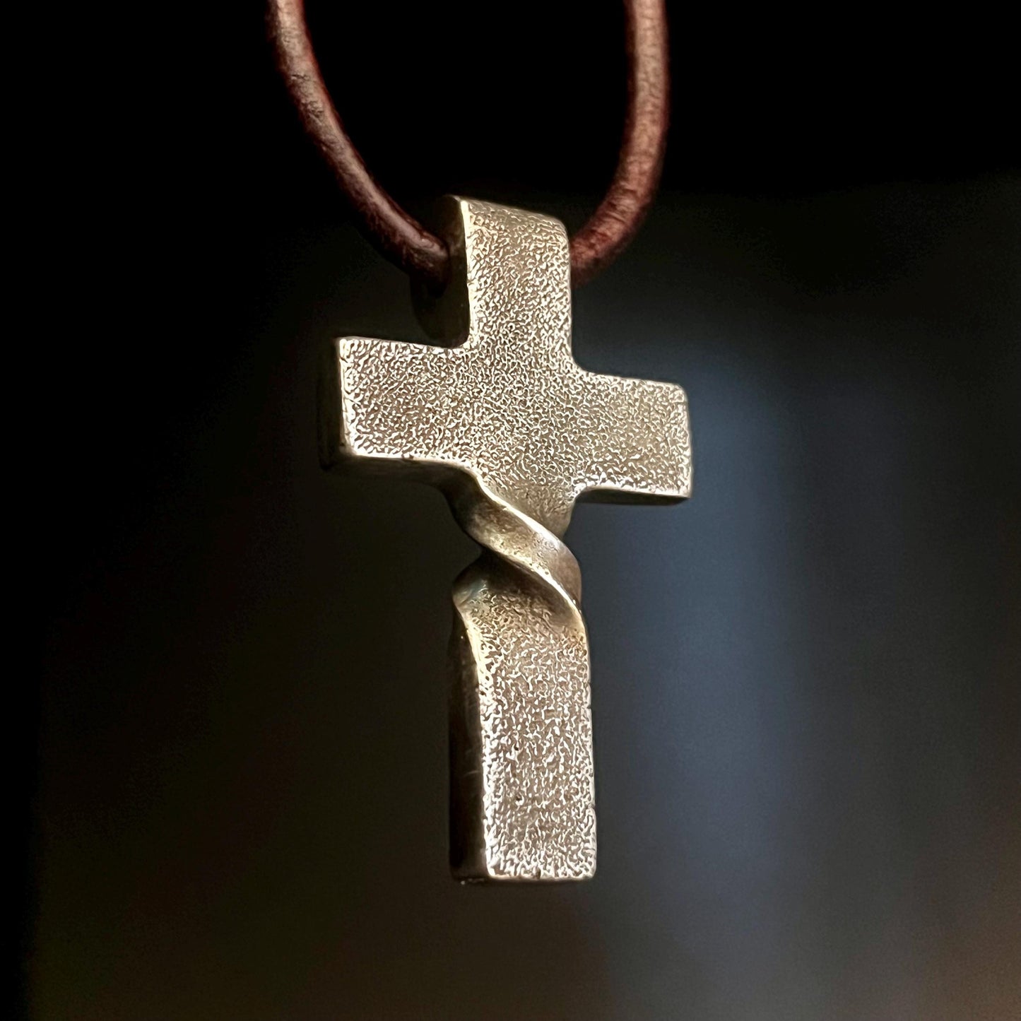 999+ Pure Silver Twisted CROSS PENDANT, Rugged Finish. Made in America. hand forged in Montana.