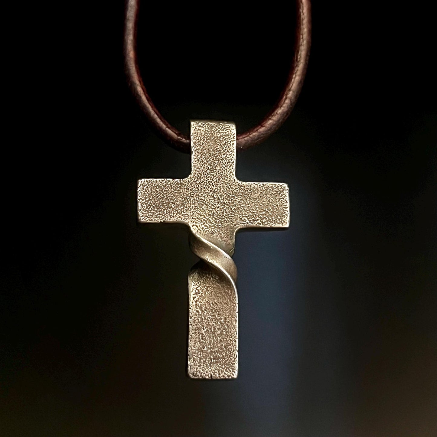 999+ Pure Silver Twisted CROSS PENDANT, Rugged Finish. Made in America. hand forged in Montana.