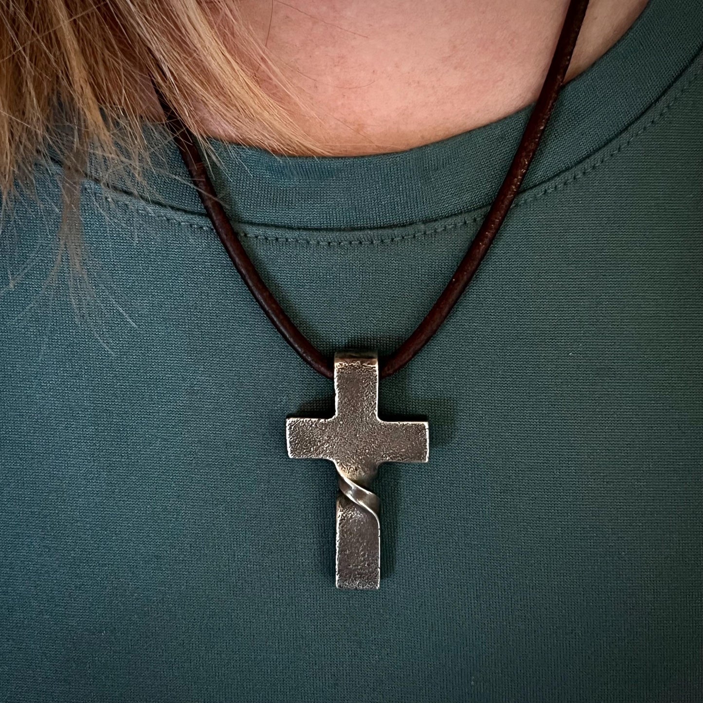 999+ Pure Silver Twisted CROSS PENDANT, Rugged Finish. Made in America. hand forged in Montana.