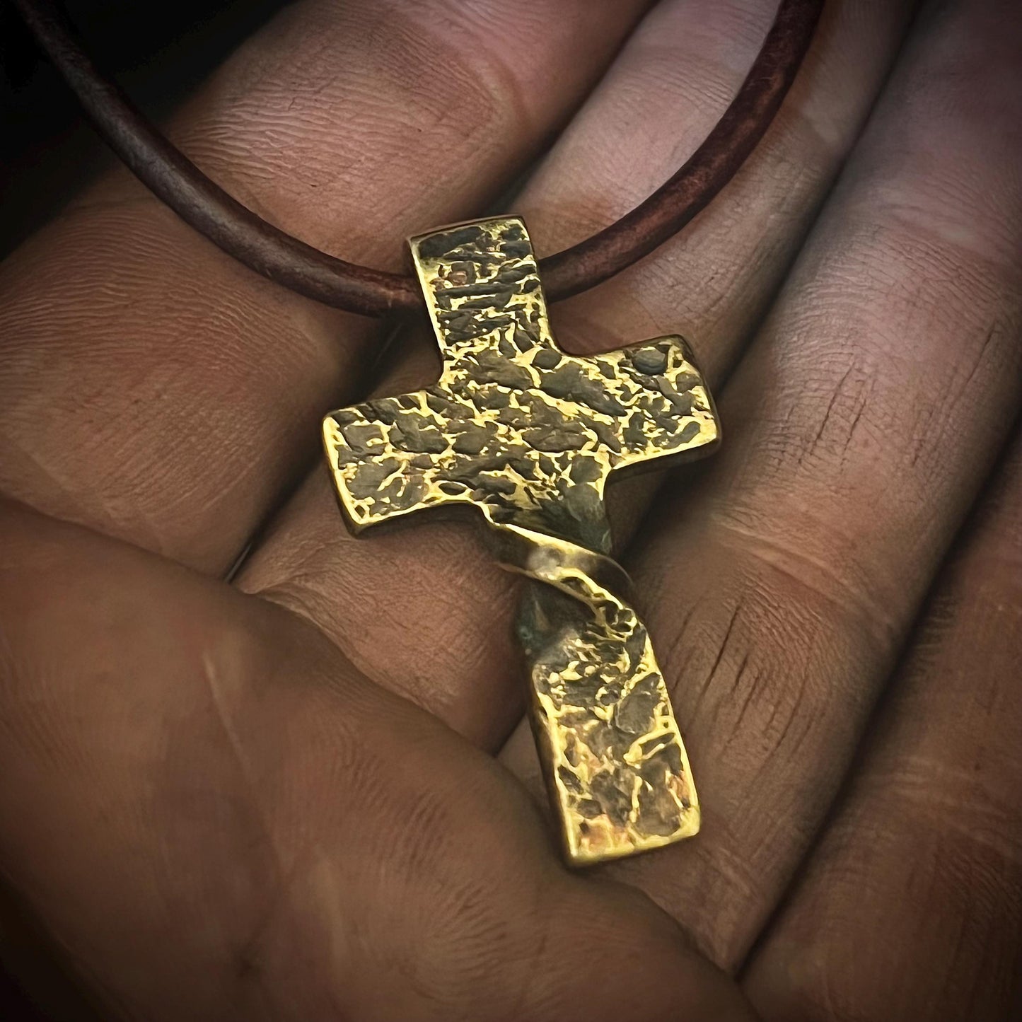 Brass Hammered Twist CROSS PENDANT. Hand Forged in Montana. Made from recycled brass amm0 casings