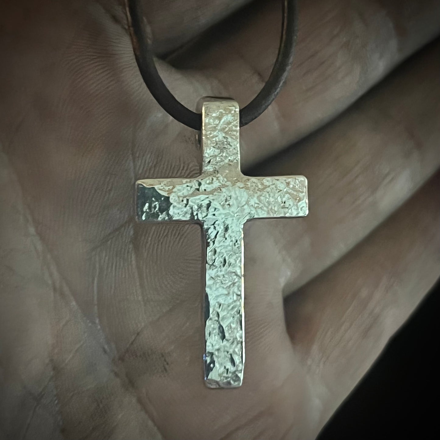 999+ Pure Silver Polished Textured Cross Pendant. Made in America. Hand forged in Montana