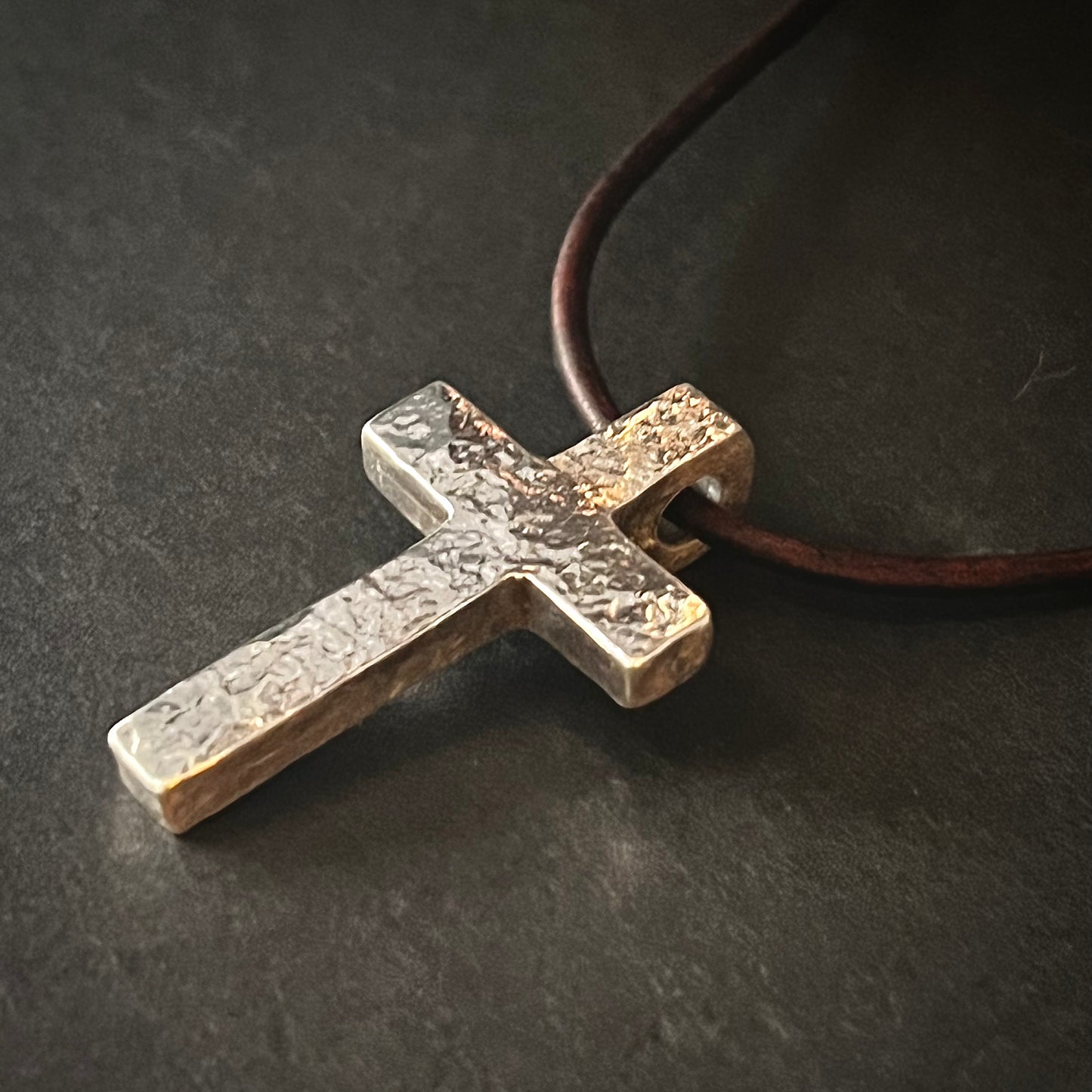 999+ Pure Silver Polished Textured Cross Pendant. Made in America. Hand forged in Montana