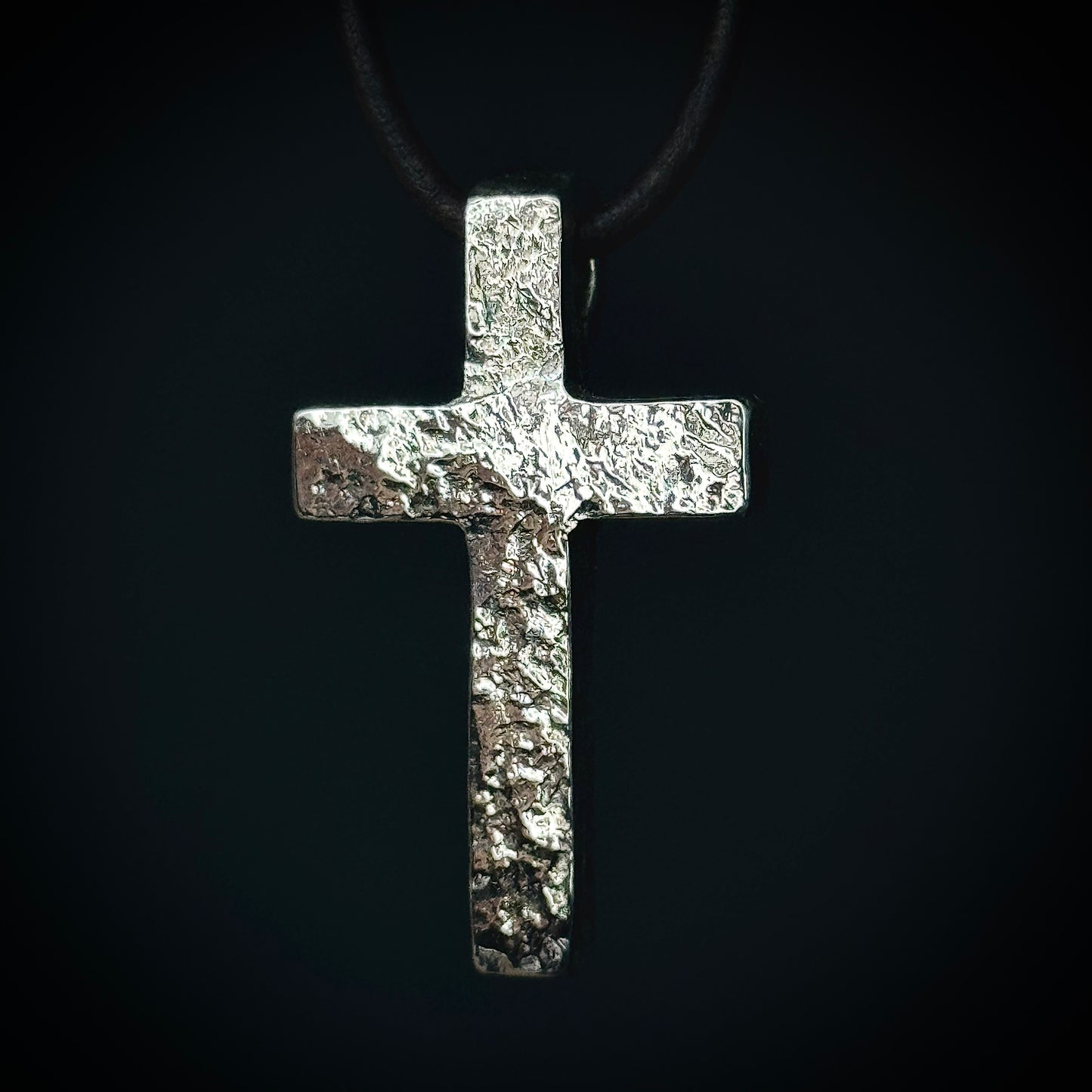 999+ Pure Silver Polished Textured Cross Pendant. Made in America. Hand forged in Montana