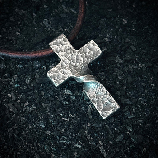 999+ Pure Silver Twist CROSS PENDANT Hammered Finish. Made in America. hand forged in Montana.