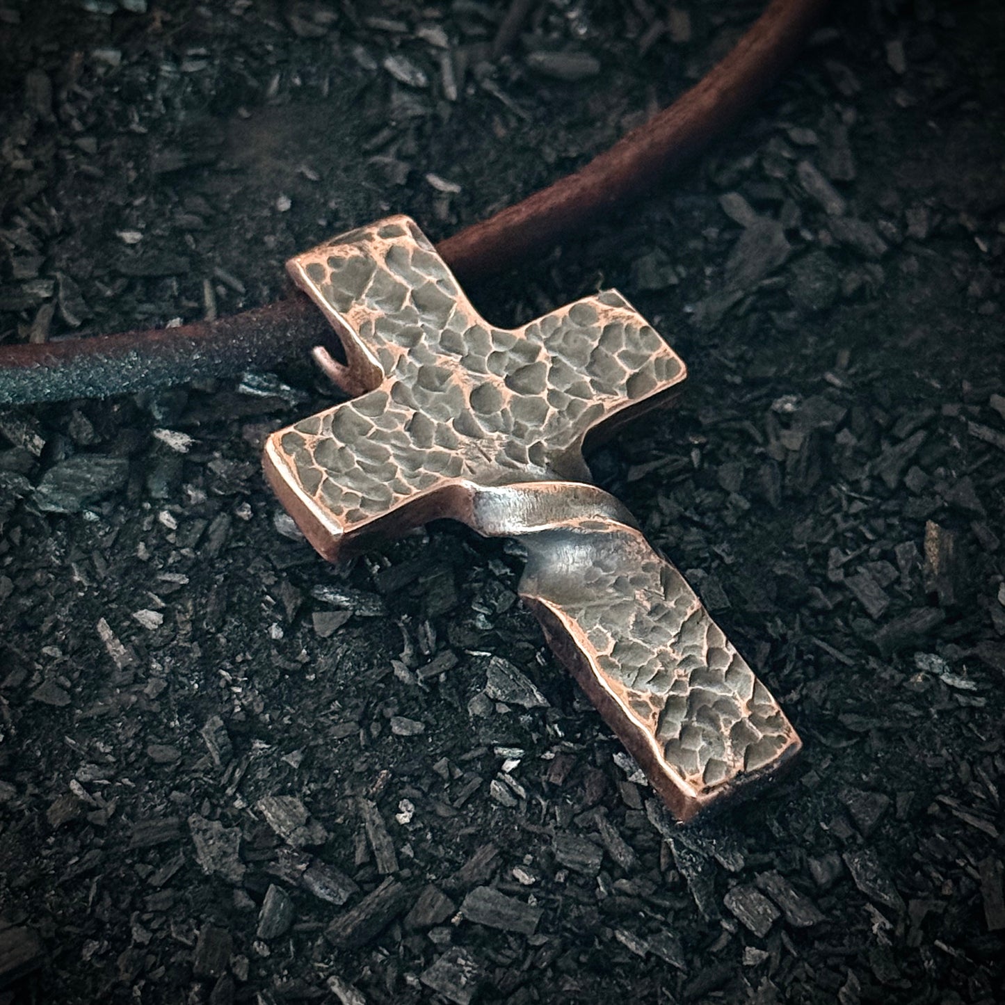 Copper Hammered Twist CROSS PENDANT. Made in America. Hand forged in Montana.