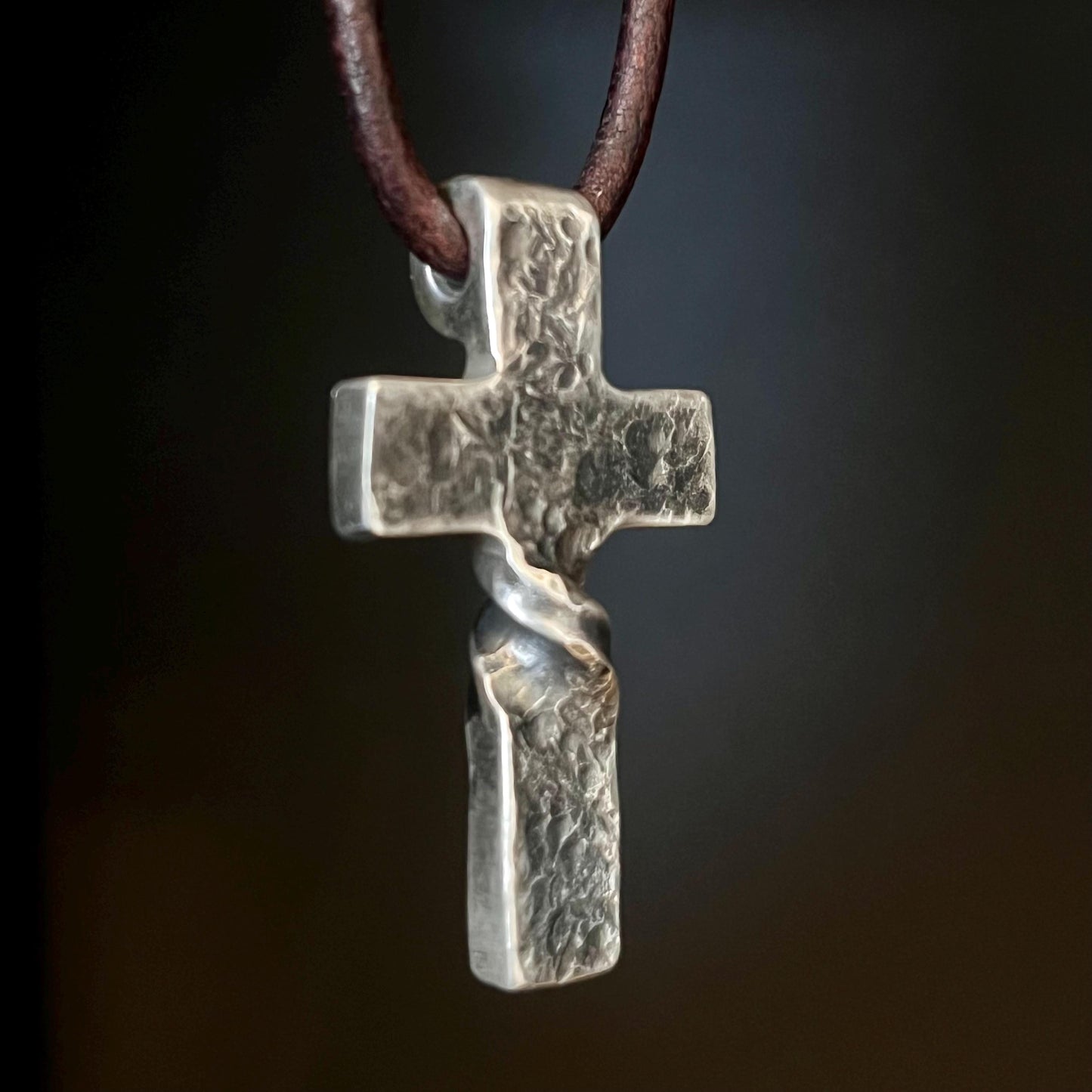 999+ Pure Silver Twist CROSS PENDANT Hammered Finish. Made in America. hand forged in Montana.