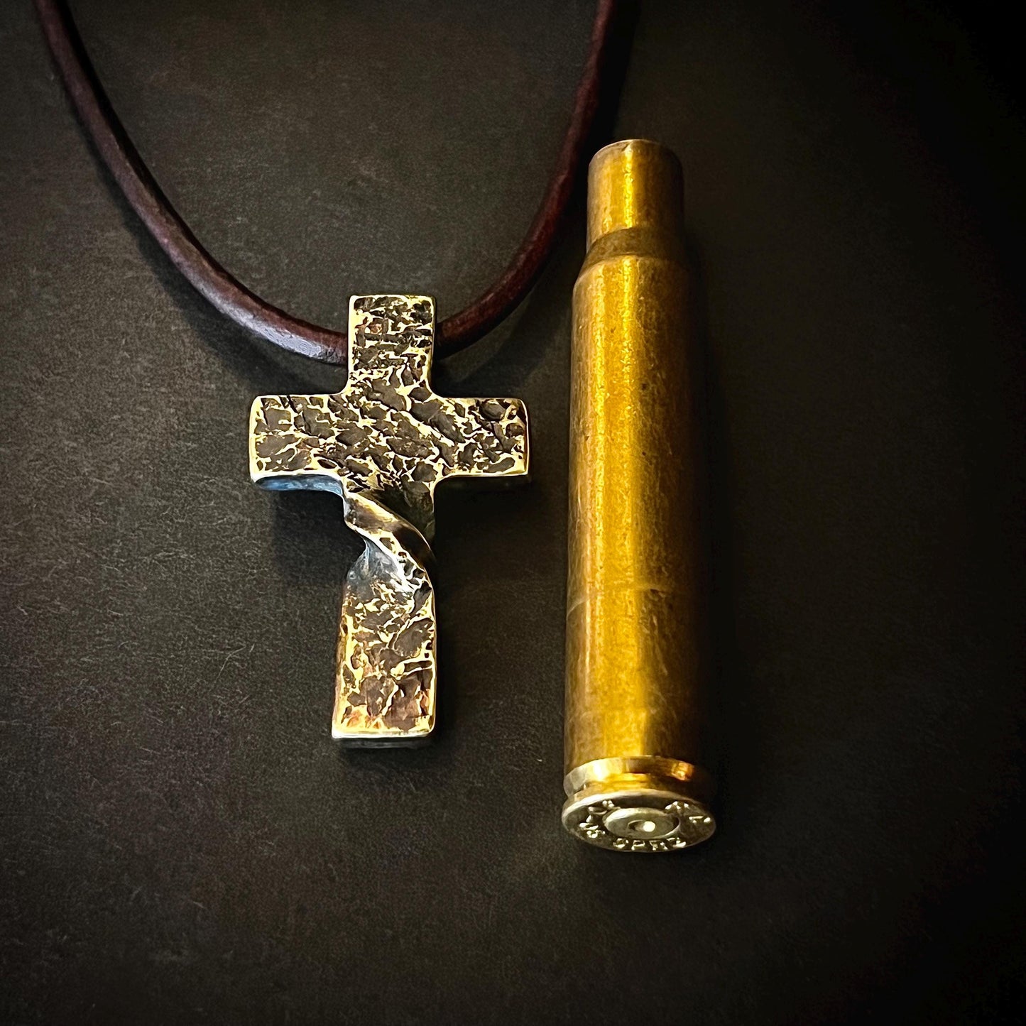 Brass Hammered Twist CROSS PENDANT. Hand Forged in Montana. Made from recycled brass amm0 casings