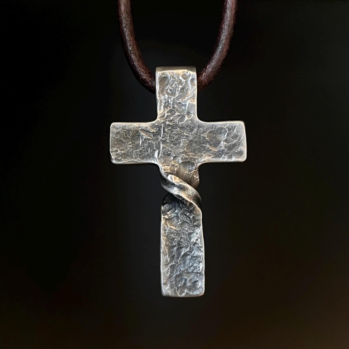 999+ Pure Silver Twist CROSS PENDANT Hammered Finish. Made in America. hand forged in Montana.