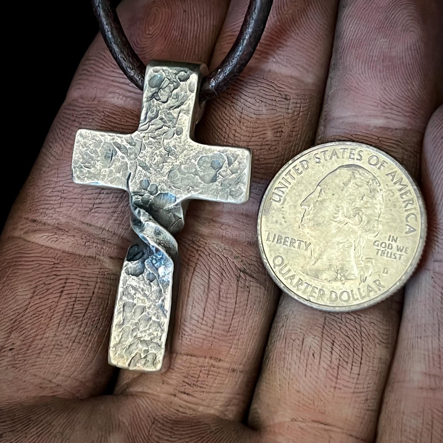 999+ Pure Silver Twist CROSS PENDANT Hammered Finish. Made in America. hand forged in Montana.